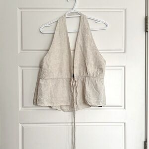 Pretty Little Thing Beige/Cream Tie-Front Linen Halter Top, size 12/Large